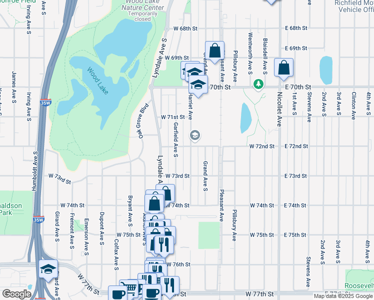 map of restaurants, bars, coffee shops, grocery stores, and more near 7200 Harriet Avenue in Minneapolis