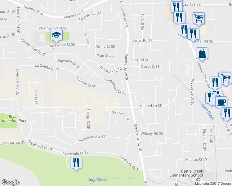 map of restaurants, bars, coffee shops, grocery stores, and more near 5710 Woodview Court Southeast in Salem
