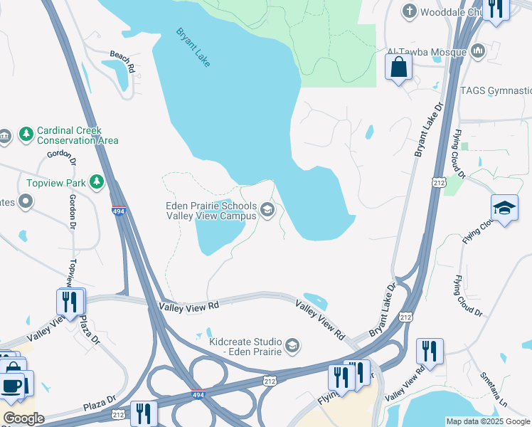 map of restaurants, bars, coffee shops, grocery stores, and more near 11840 Valley View Road in Eden Prairie