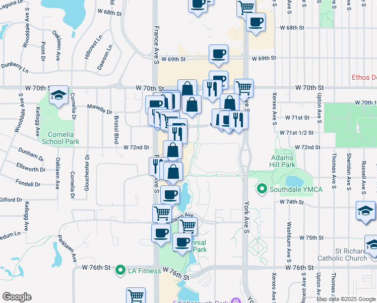 map of restaurants, bars, coffee shops, grocery stores, and more near 7161 France Avenue South in Edina