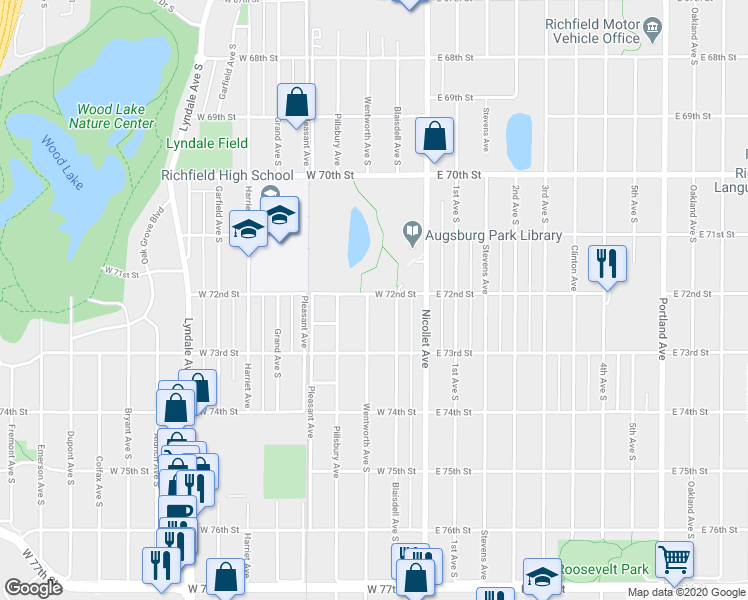 map of restaurants, bars, coffee shops, grocery stores, and more near 7201 Wentworth Avenue South in Minneapolis