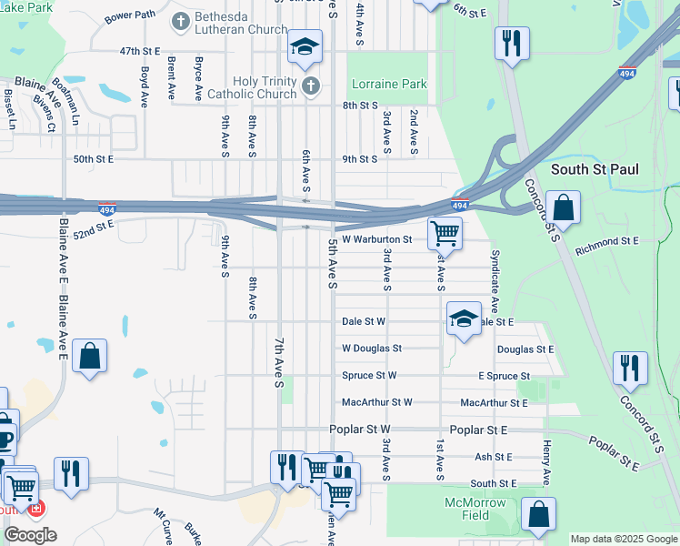 map of restaurants, bars, coffee shops, grocery stores, and more near 253 Richmond Street West in South Saint Paul