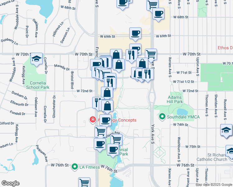 map of restaurants, bars, coffee shops, grocery stores, and more near 7161 France Avenue South in Edina