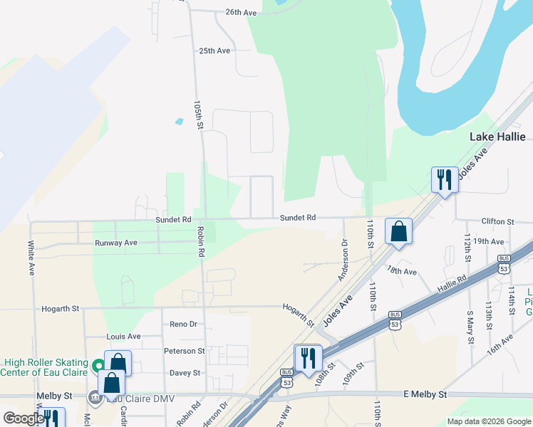 map of restaurants, bars, coffee shops, grocery stores, and more near 3514 Sundet Road in Eau Claire