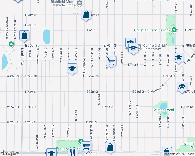 map of restaurants, bars, coffee shops, grocery stores, and more near 7200 Park Avenue in Minneapolis