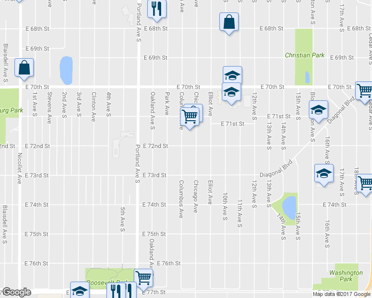 map of restaurants, bars, coffee shops, grocery stores, and more near 7201 Columbus Avenue in Minneapolis
