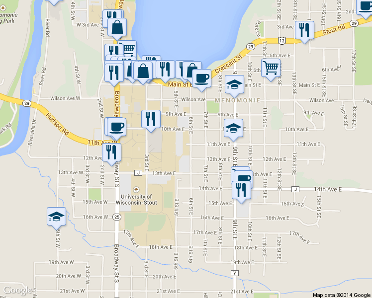 map of restaurants, bars, coffee shops, grocery stores, and more near 1109 6th Street East in Menomonie