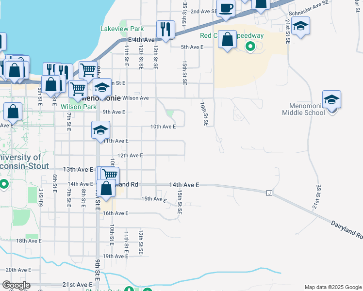 map of restaurants, bars, coffee shops, grocery stores, and more near 1420 11th Avenue East in Menomonie
