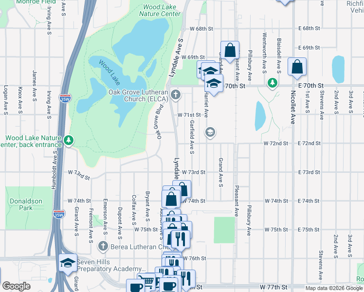 map of restaurants, bars, coffee shops, grocery stores, and more near 7201 Lyndale Avenue South in Minneapolis
