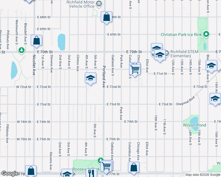 map of restaurants, bars, coffee shops, grocery stores, and more near 7200 Oakland Avenue South in Minneapolis