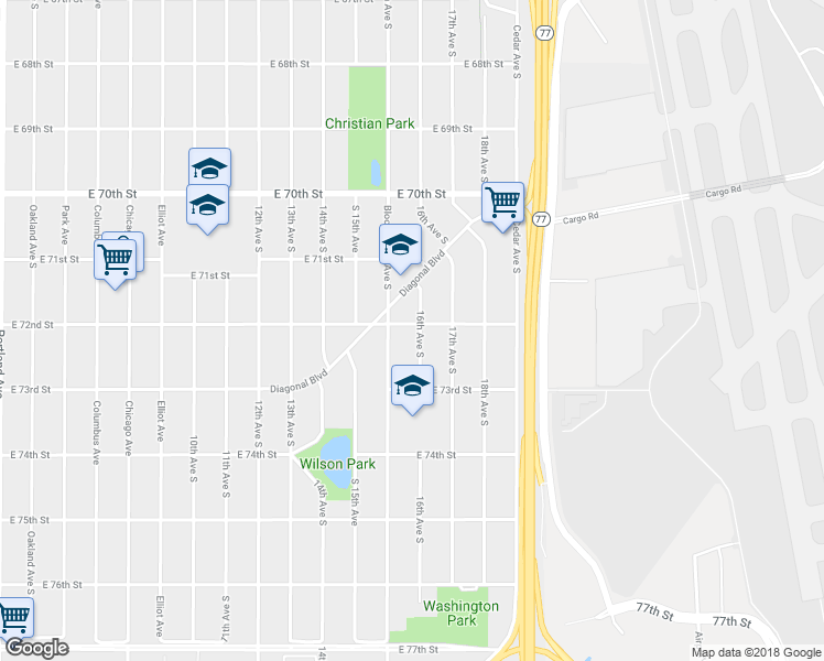 map of restaurants, bars, coffee shops, grocery stores, and more near 7200 16th Avenue South in Minneapolis