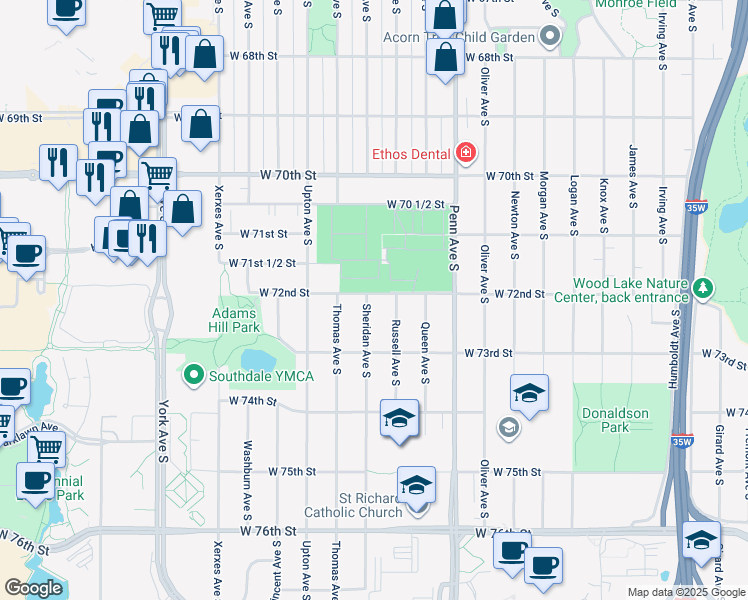 map of restaurants, bars, coffee shops, grocery stores, and more near 7201 Sheridan Avenue South in Minneapolis