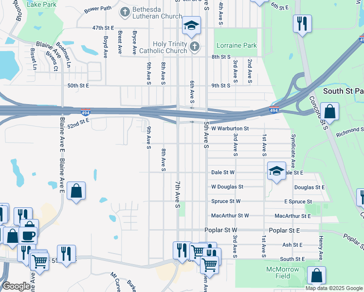 map of restaurants, bars, coffee shops, grocery stores, and more near 1101 7th Avenue South in South Saint Paul