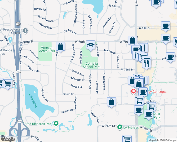 map of restaurants, bars, coffee shops, grocery stores, and more near 4401 Claremore Drive in Minneapolis