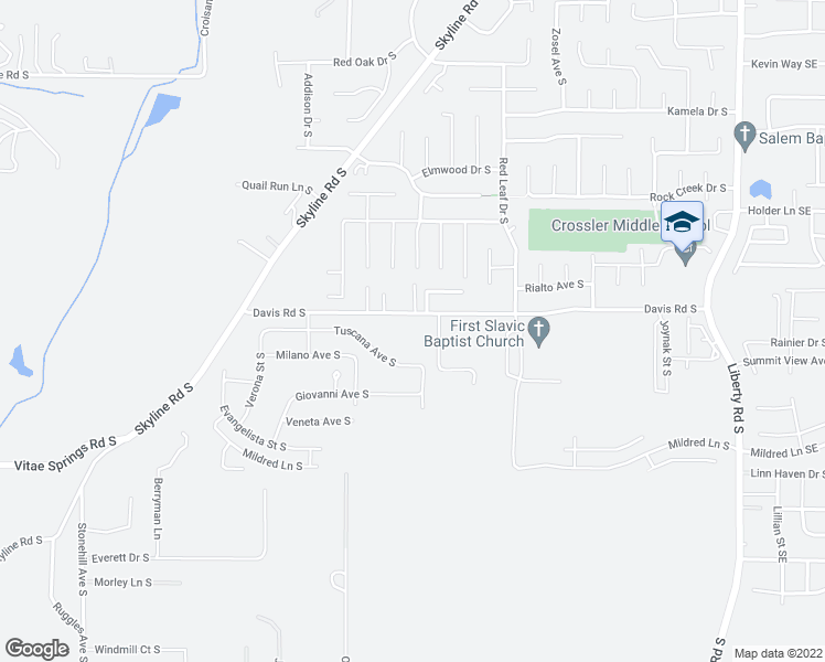 map of restaurants, bars, coffee shops, grocery stores, and more near 2126 Davis Road South in Salem