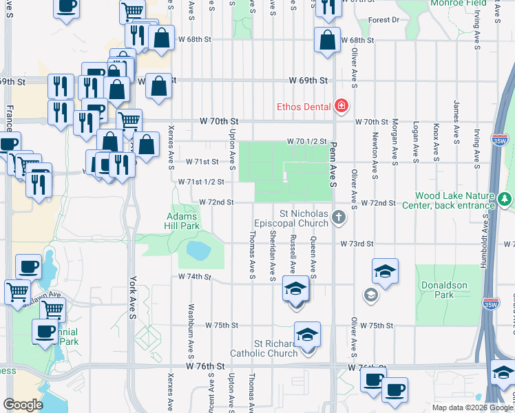 map of restaurants, bars, coffee shops, grocery stores, and more near 7201 Thomas Avenue South in Minneapolis