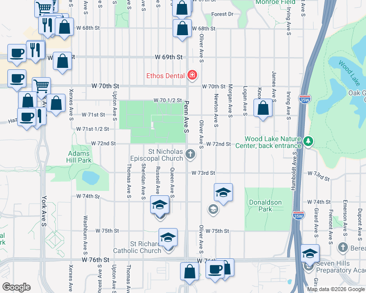map of restaurants, bars, coffee shops, grocery stores, and more near 7200 County Road 32 in Richfield