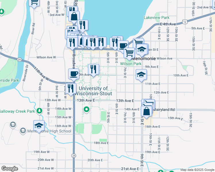 map of restaurants, bars, coffee shops, grocery stores, and more near 1109 6th Street East in Menomonie