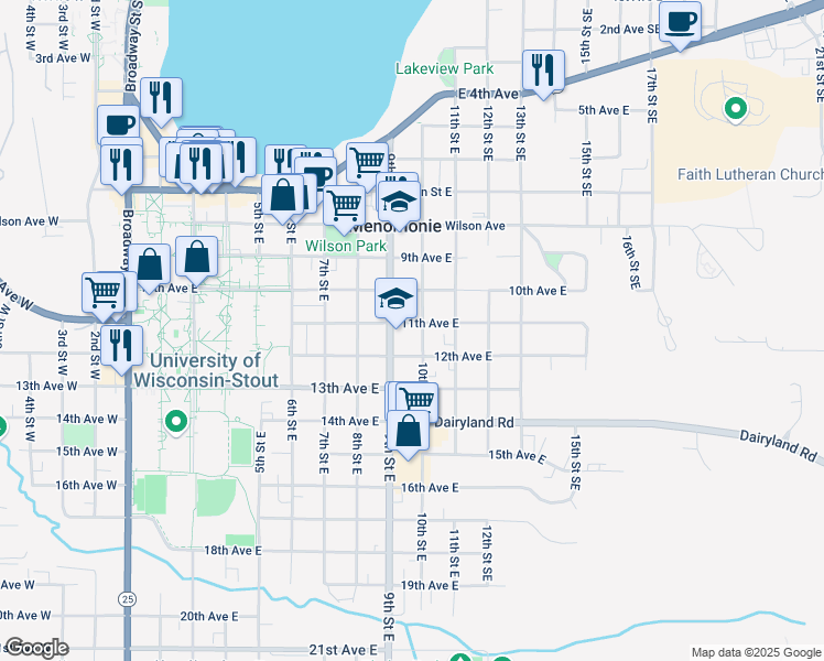 map of restaurants, bars, coffee shops, grocery stores, and more near 1103 10th Street East in Menomonie