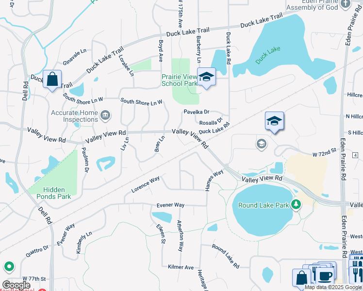 map of restaurants, bars, coffee shops, grocery stores, and more near 17570 Pond Circle in Eden Prairie