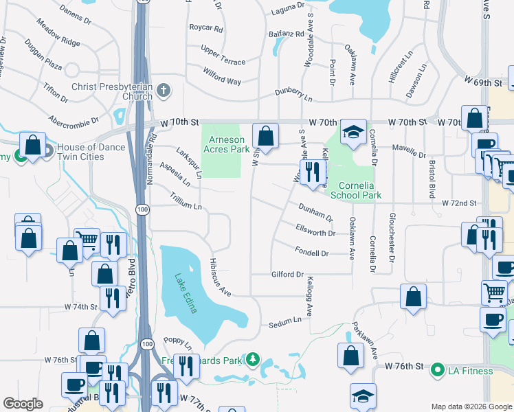 map of restaurants, bars, coffee shops, grocery stores, and more near 7209 West Shore Drive in Minneapolis