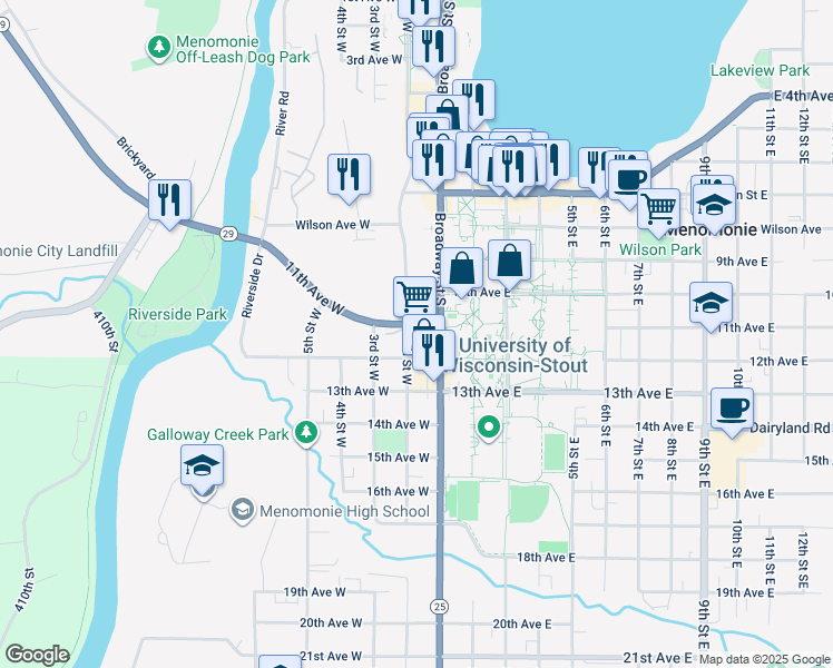 map of restaurants, bars, coffee shops, grocery stores, and more near 116 11th Avenue West in Menomonie