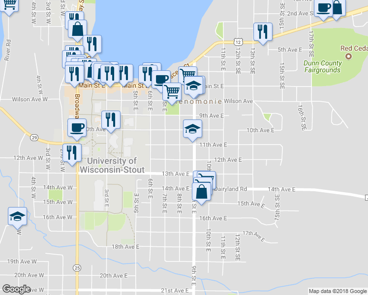 map of restaurants, bars, coffee shops, grocery stores, and more near 1102 8th Street East in Menomonie
