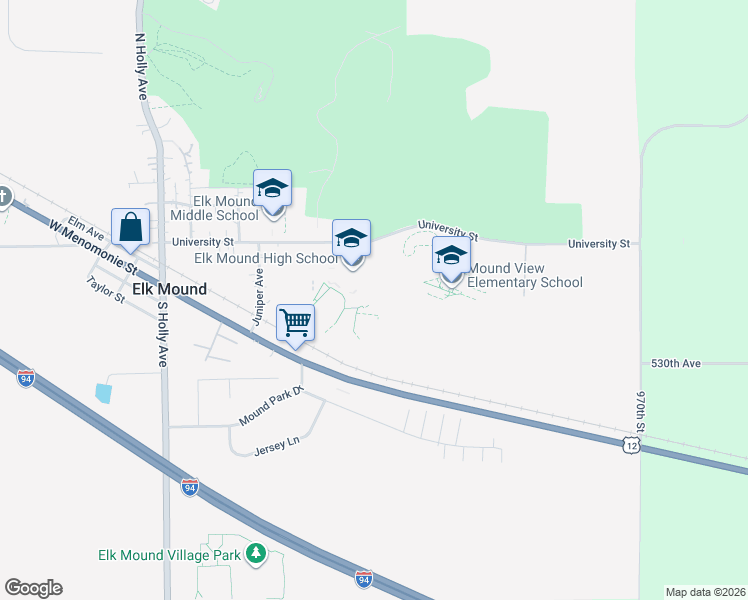 map of restaurants, bars, coffee shops, grocery stores, and more near 455 University Street in Elk Mound