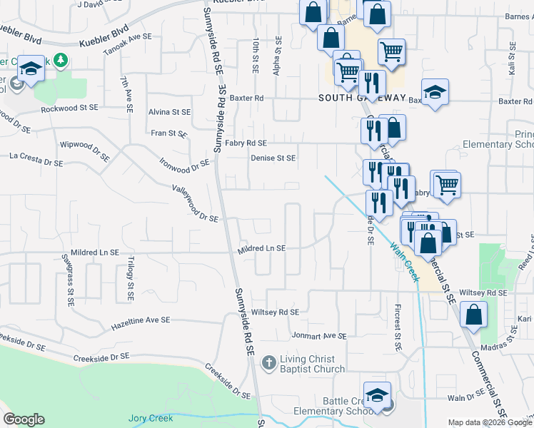 map of restaurants, bars, coffee shops, grocery stores, and more near 5744 Valleywood Loop Southeast in Salem
