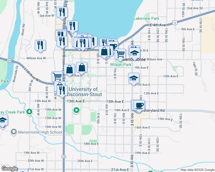map of restaurants, bars, coffee shops, grocery stores, and more near 1104 6th Street East in Menomonie
