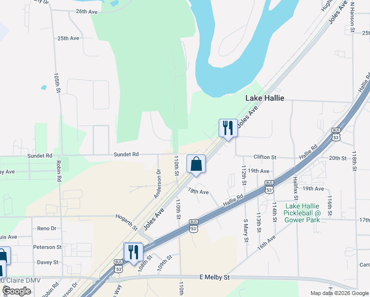 map of restaurants, bars, coffee shops, grocery stores, and more near 3860 Sundet Road in Chippewa Falls