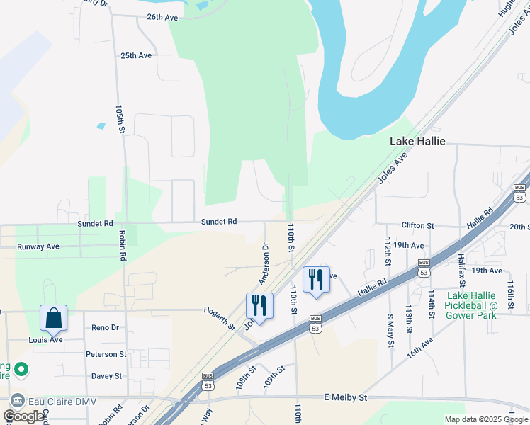 map of restaurants, bars, coffee shops, grocery stores, and more near 10812 20th Avenue in Chippewa Falls