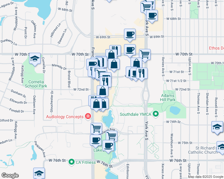 map of restaurants, bars, coffee shops, grocery stores, and more near 7161 France Avenue South in Edina