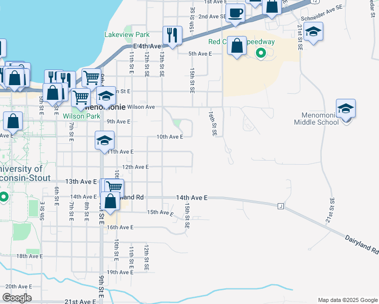 map of restaurants, bars, coffee shops, grocery stores, and more near 1420 11th Avenue East in Menomonie