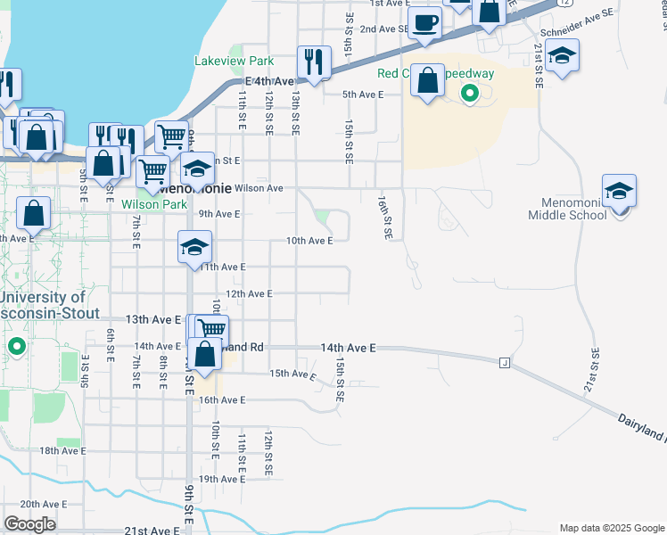 map of restaurants, bars, coffee shops, grocery stores, and more near 1420 11th Avenue East in Menomonie
