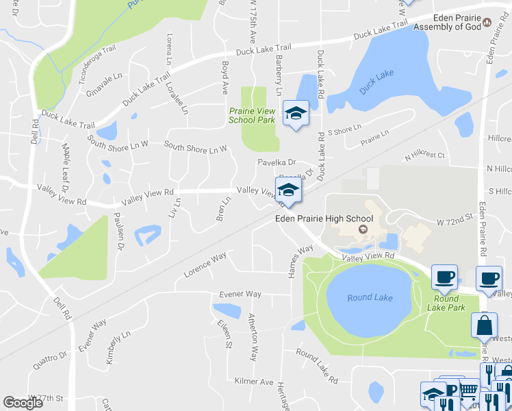 map of restaurants, bars, coffee shops, grocery stores, and more near 17570 Pond Circle in Eden Prairie
