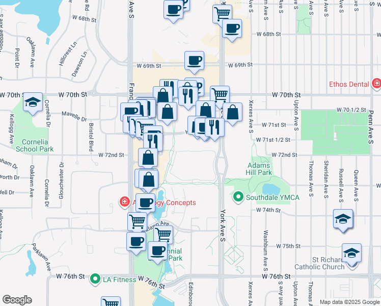 map of restaurants, bars, coffee shops, grocery stores, and more near 7220 York Avenue South in Edina