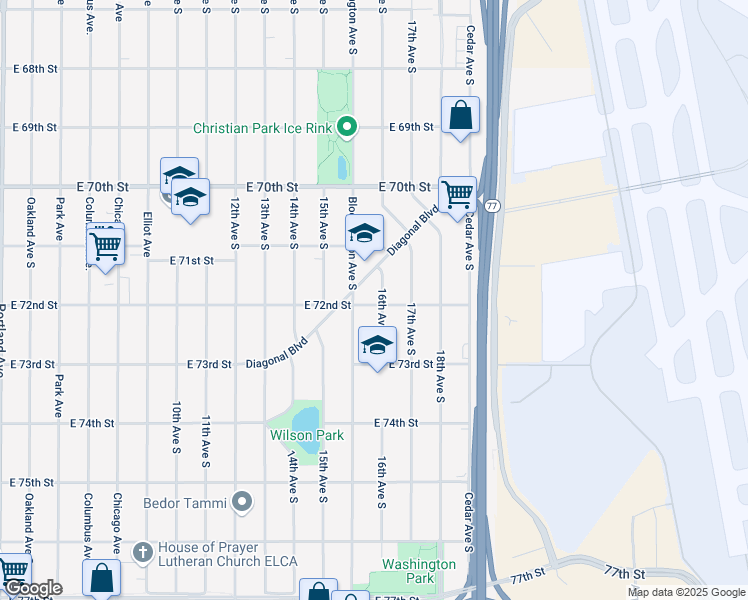 map of restaurants, bars, coffee shops, grocery stores, and more near 7200 16th Avenue South in Minneapolis
