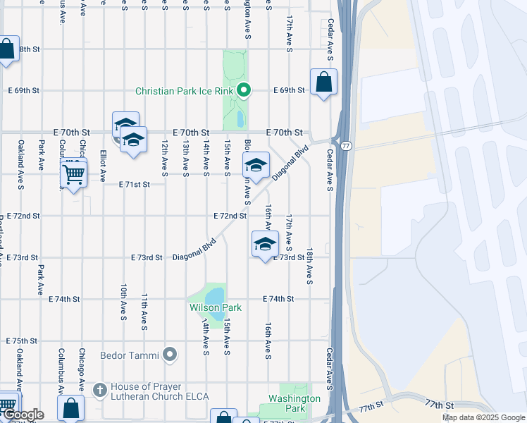 map of restaurants, bars, coffee shops, grocery stores, and more near 7200 16th Avenue South in Minneapolis