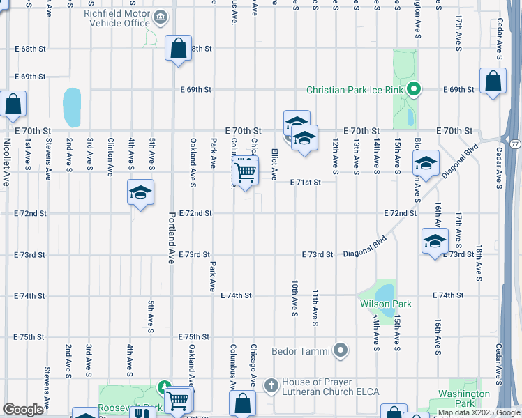 map of restaurants, bars, coffee shops, grocery stores, and more near 7201 Chicago Avenue in Minneapolis