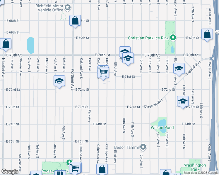 map of restaurants, bars, coffee shops, grocery stores, and more near 7201 Chicago Avenue in Minneapolis