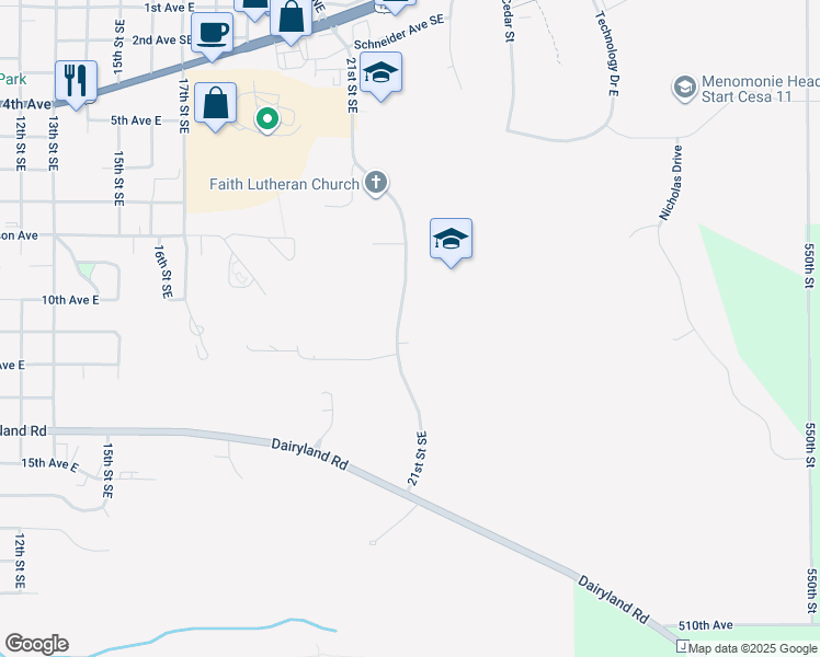 map of restaurants, bars, coffee shops, grocery stores, and more near 1080 21st Street Southeast in Menomonie
