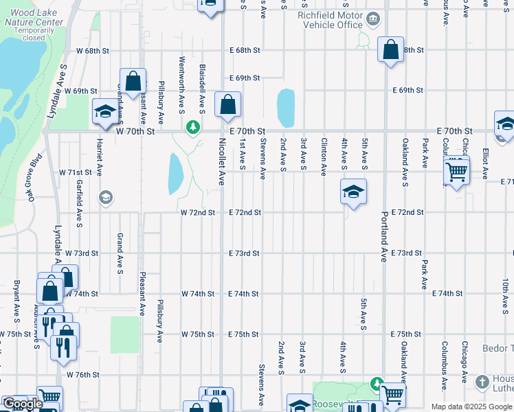 map of restaurants, bars, coffee shops, grocery stores, and more near 7200 Stevens Avenue in Minneapolis