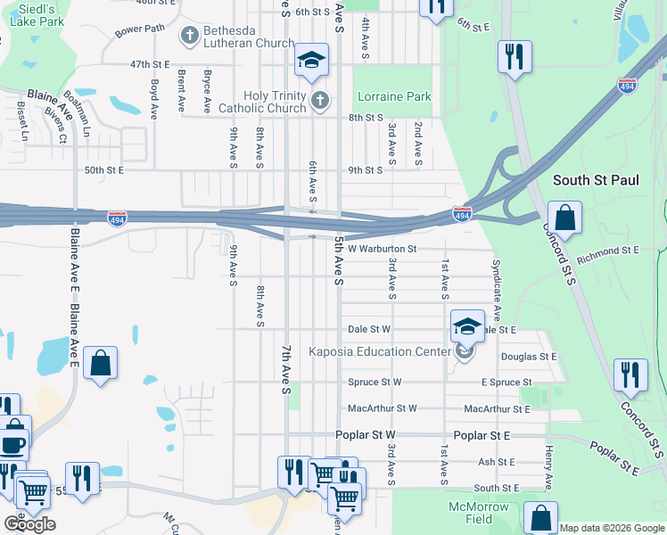 map of restaurants, bars, coffee shops, grocery stores, and more near 1104 5th Avenue South in South Saint Paul