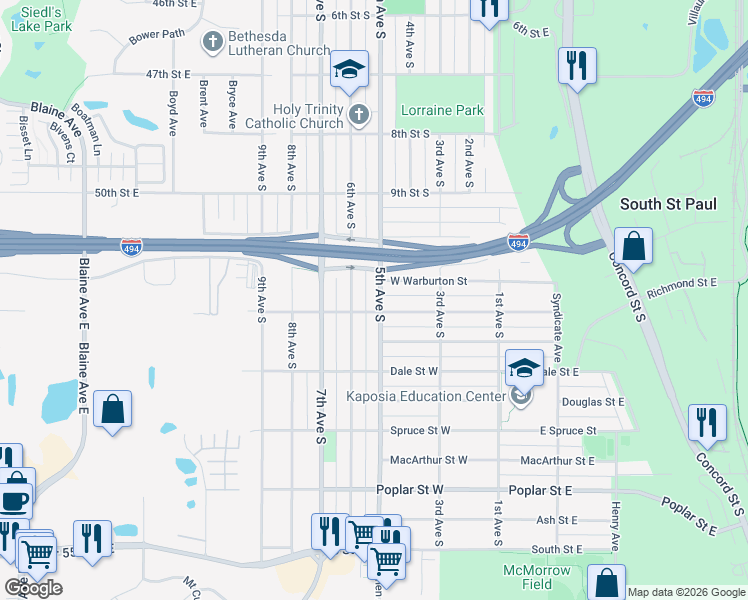 map of restaurants, bars, coffee shops, grocery stores, and more near 1104 5th Avenue South in South Saint Paul
