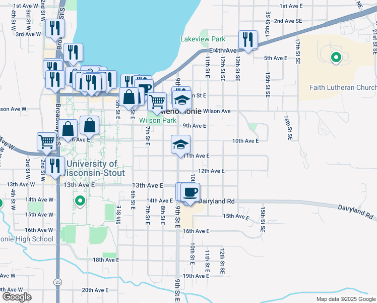 map of restaurants, bars, coffee shops, grocery stores, and more near 1103 10th Street East in Menomonie