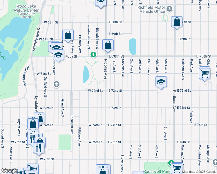 map of restaurants, bars, coffee shops, grocery stores, and more near 7204 1st Avenue South in Richfield