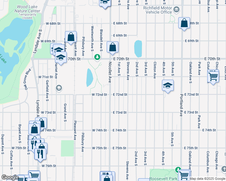 map of restaurants, bars, coffee shops, grocery stores, and more near 7204 1st Avenue South in Richfield