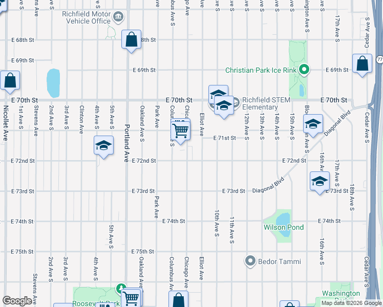 map of restaurants, bars, coffee shops, grocery stores, and more near 7137 Chicago Ave S in Richfield