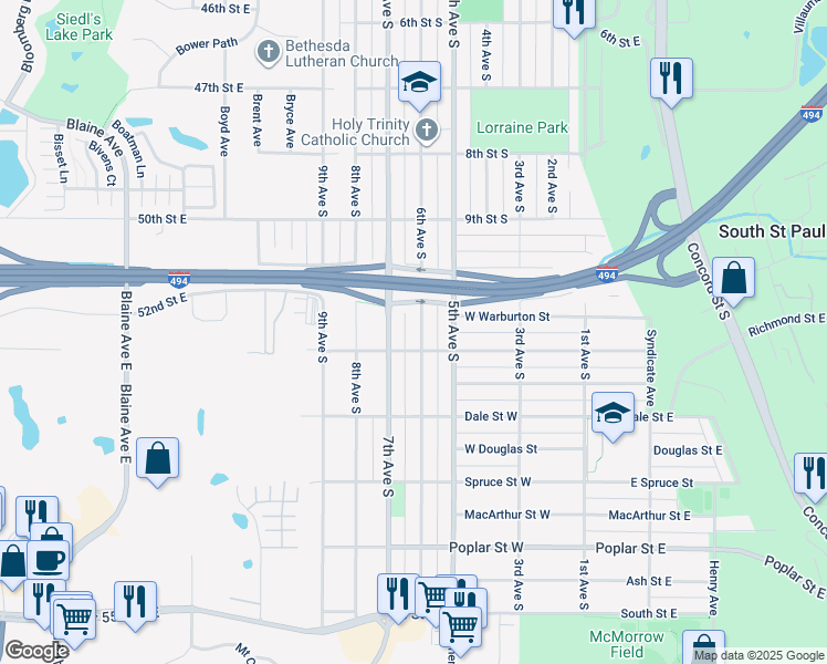 map of restaurants, bars, coffee shops, grocery stores, and more near 1101 7th Avenue South in South Saint Paul